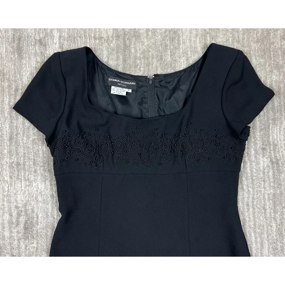 Donna Morgan Dress Womens 6P Black Sheath Short Sleeve Beaded Soutache Vintage‎